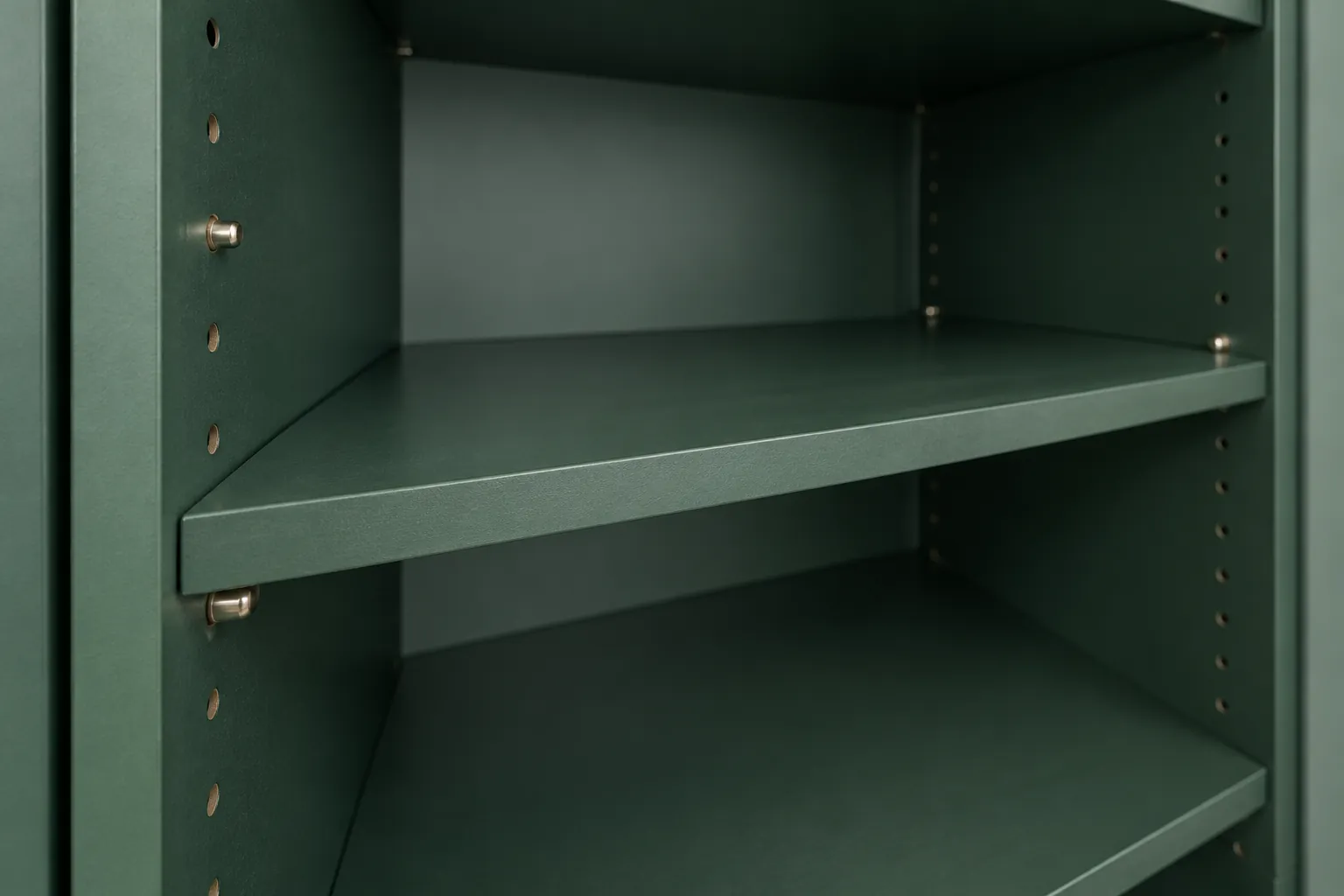 Close view of adjustable shelf pins inside a green cabinet