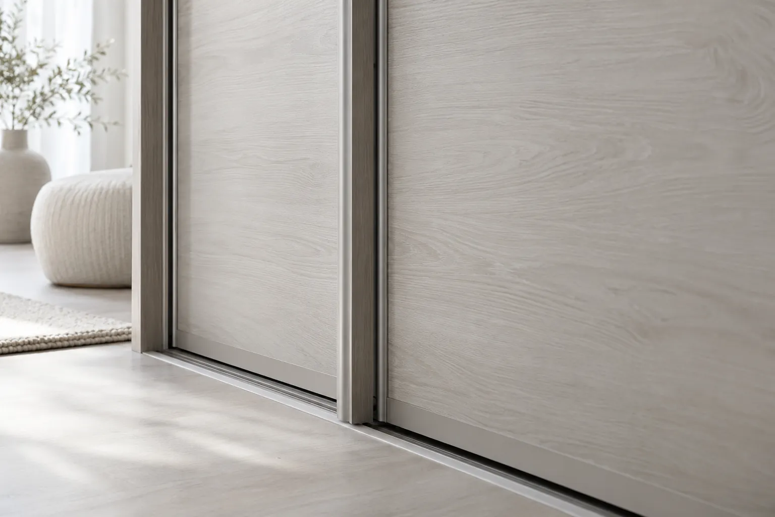 Close view of overlapping pale sliding wardrobe doors