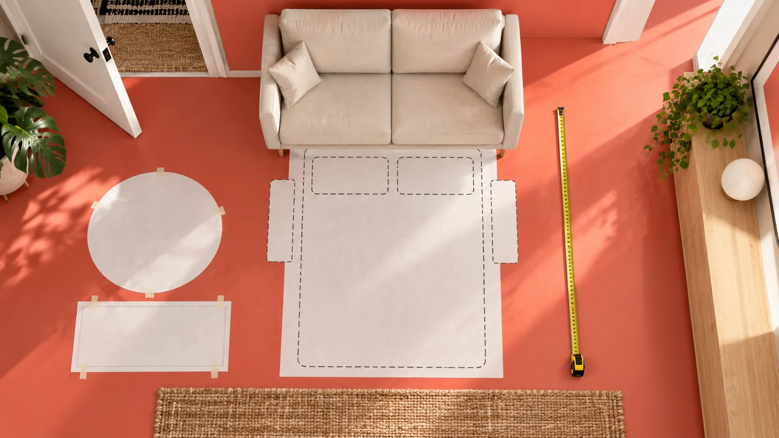 Closed sofa and open-bed footprints on a coral floor plan