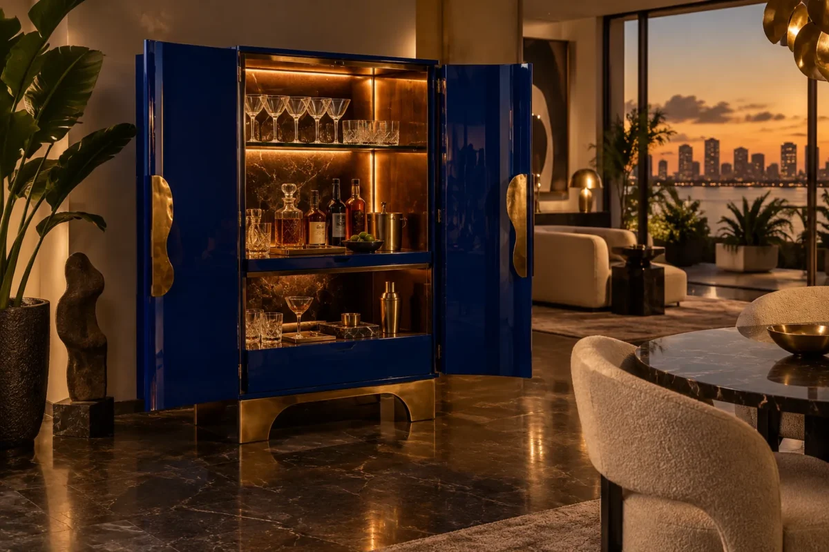 Cobalt home bar cabinet glowing in a Lagos interior at night