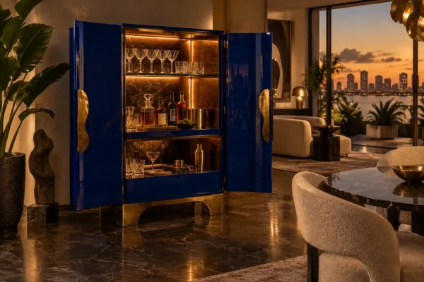Cobalt home bar cabinet glowing in a Lagos interior at night