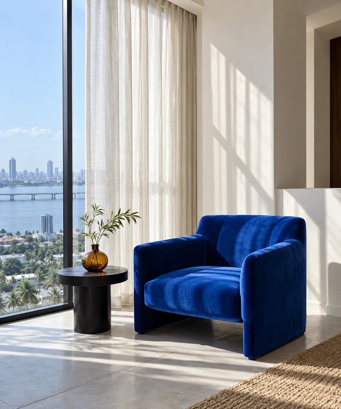 Cobalt reading armchair beside sheer curtains in strong filtered daylight