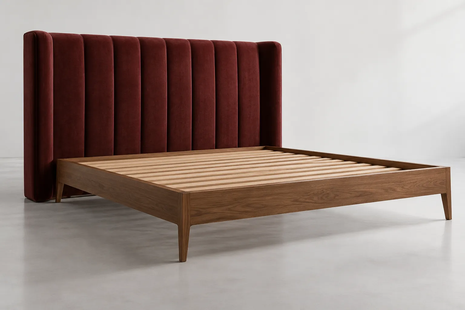 Concept illustration: Burgundy headboard and exposed wooden bed frame in a bright installation studio