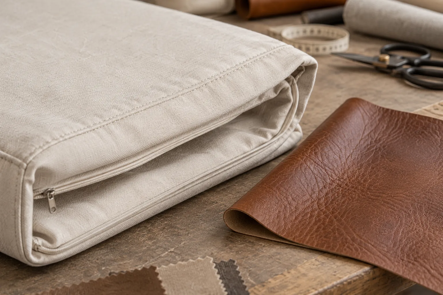 Concept illustration: Cream zippered cushion beside a brown leather swatch