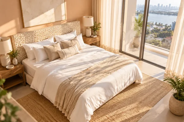 Concept illustration: Ivory upholstered headboard in a sunny peach Lagos bedroom