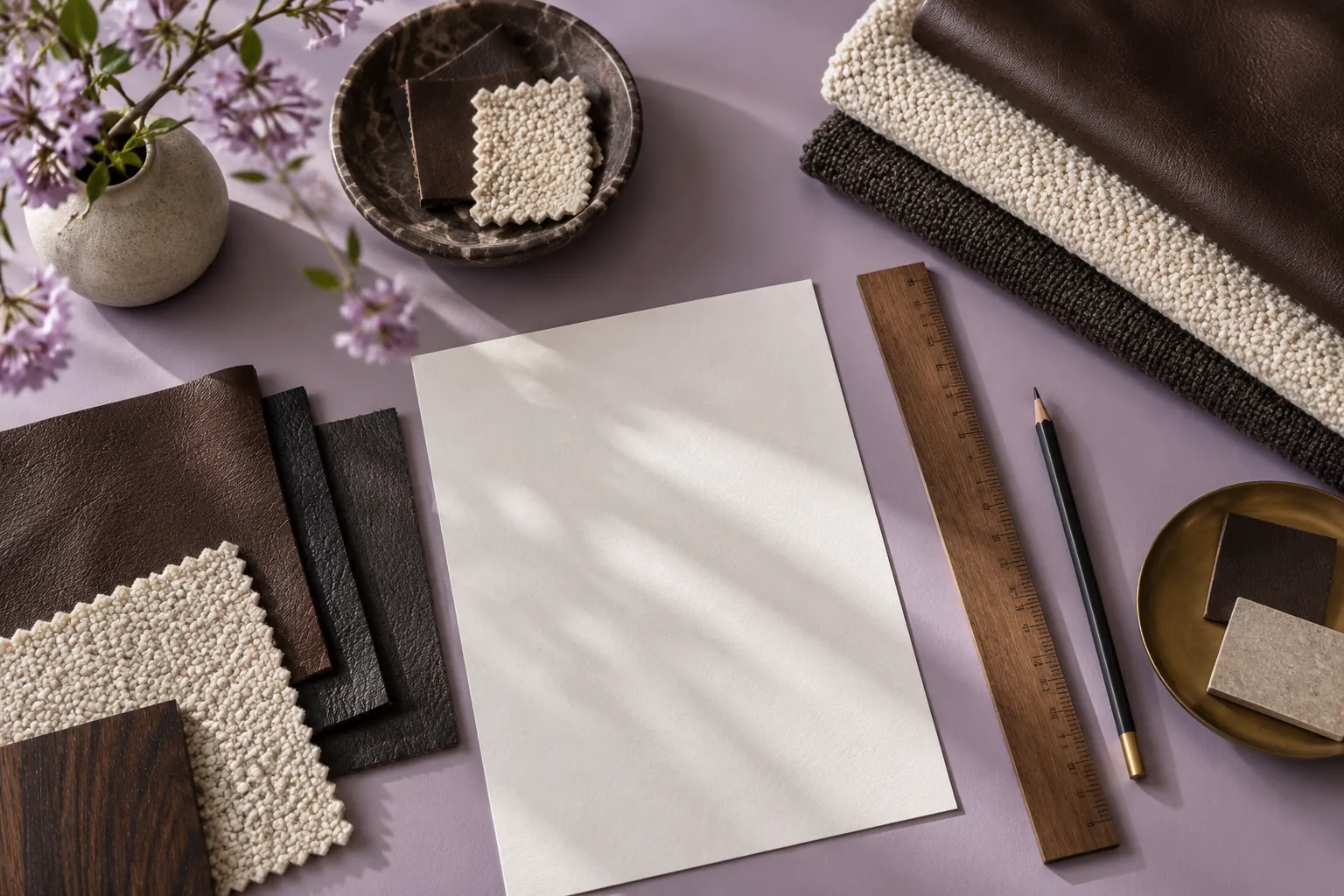Concept illustration: Leather and boucle swatches on a lilac planning desk