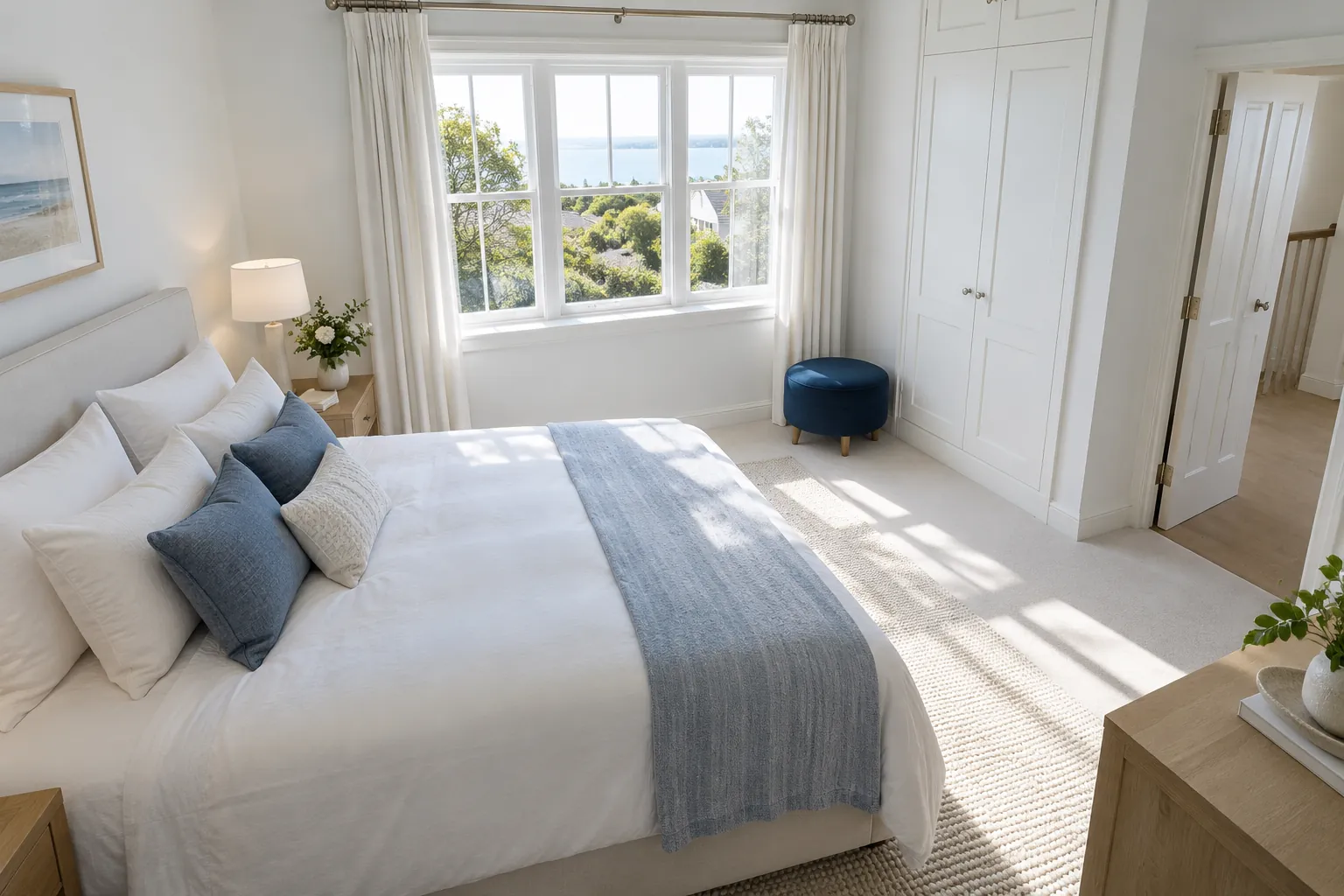 Concept illustration: Navy footstool in a bright white guest room with a clear passage