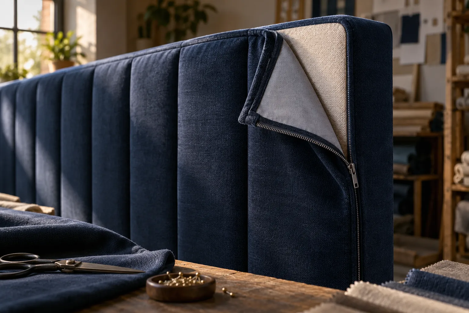 Concept illustration: Navy upholstered headboard with folded cover revealing its backing in a workshop