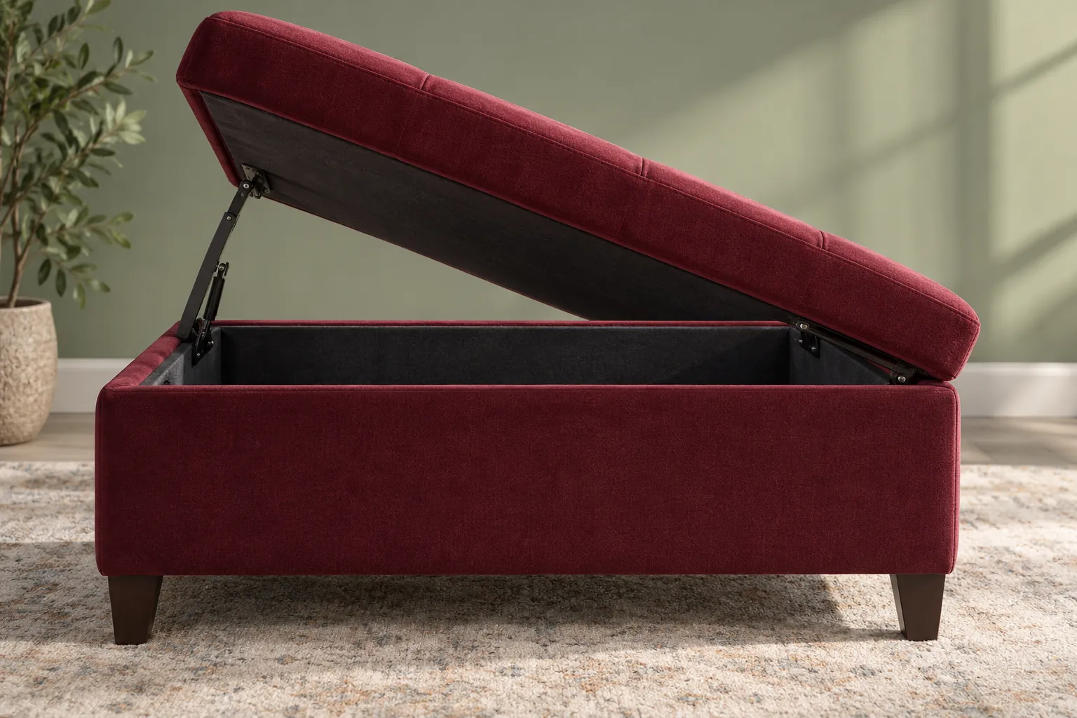 Concept illustration: Open burgundy storage ottoman with an empty lined compartment