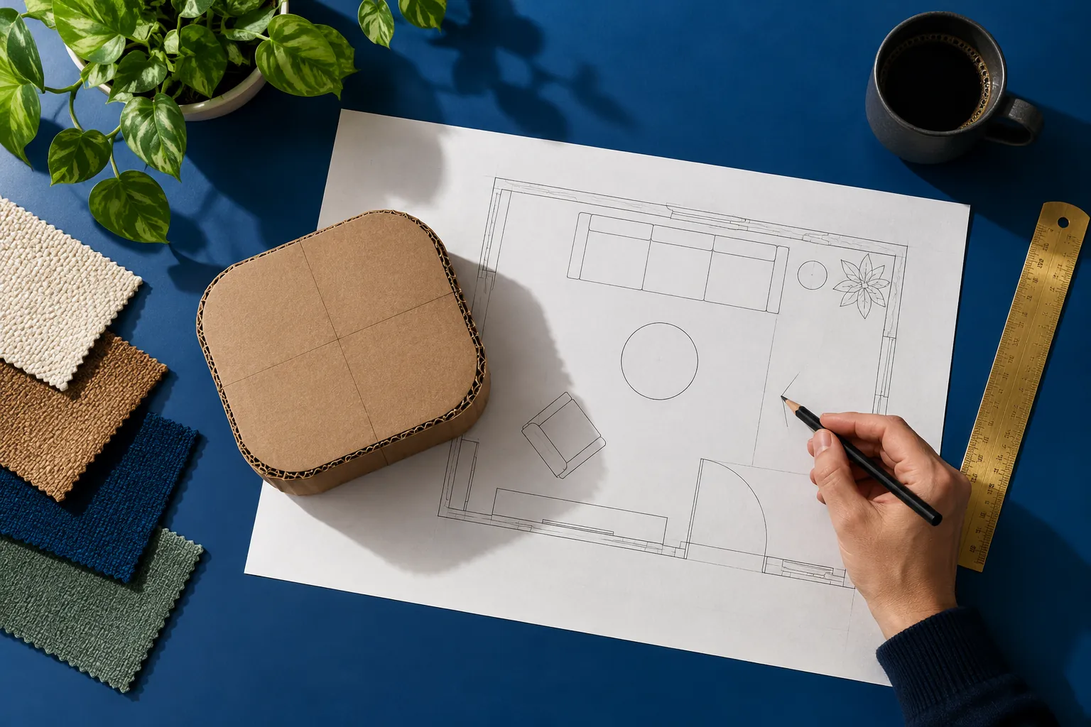 Concept illustration: Ottoman planning model and room plan on a cobalt desk