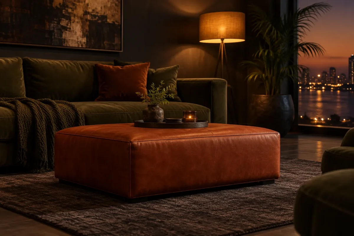 Concept illustration: Rust leather ottoman beside an olive sofa in an evening Lagos lounge