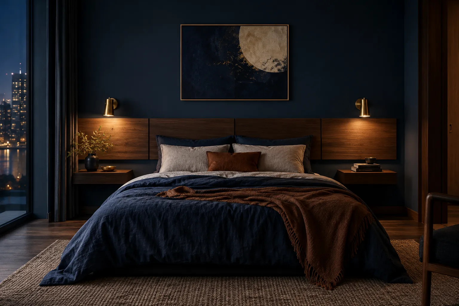 Concept illustration: Walnut headboard panels and brass wall lights in a midnight blue bedroom