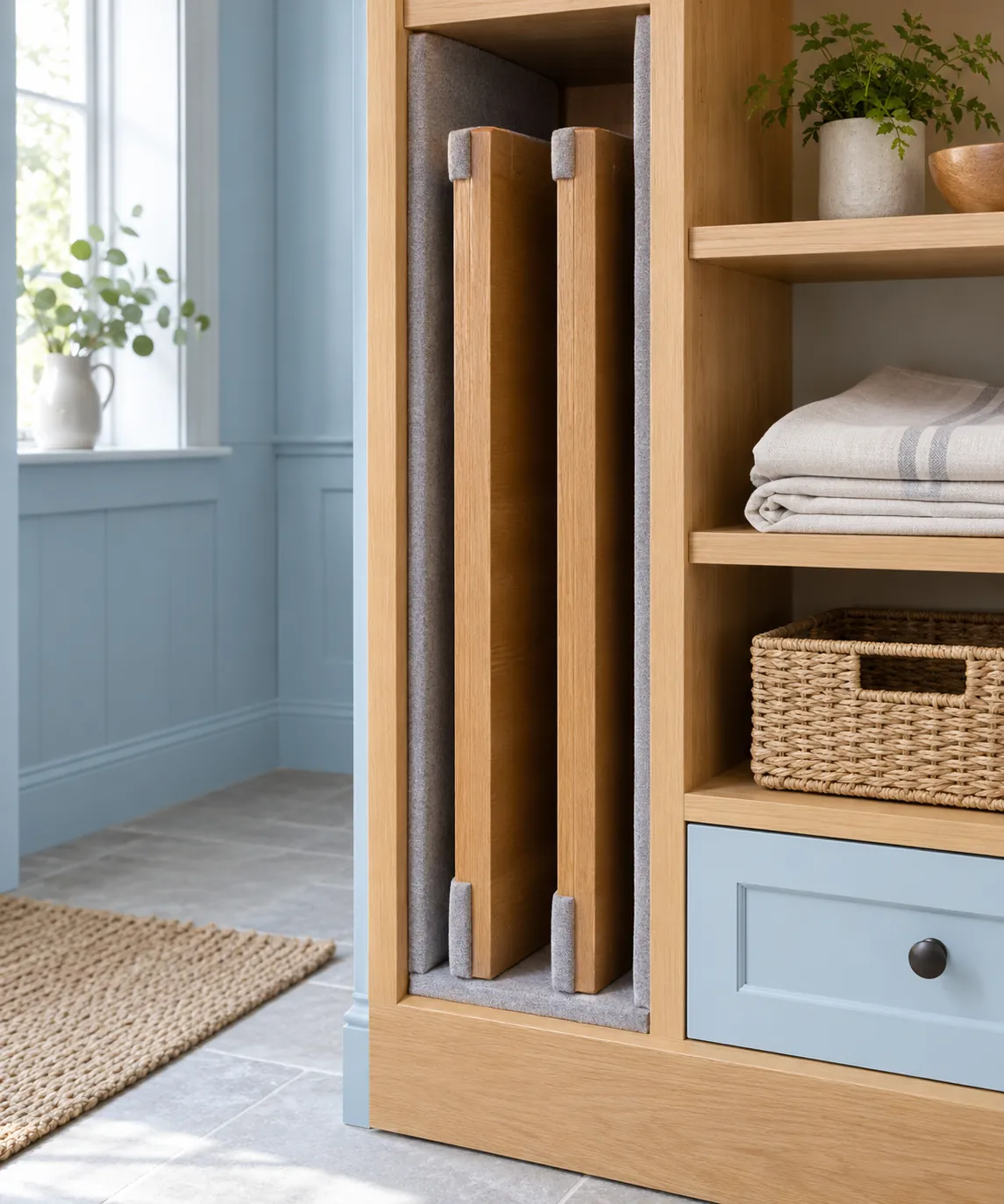 Conceptual cabinet storing upright dining-table leaves beside folded linens