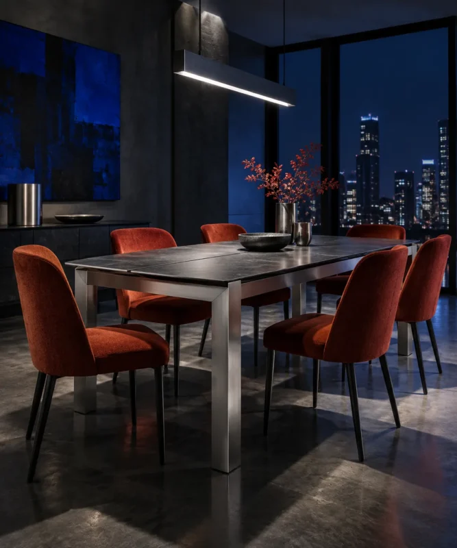 Conceptual dining room with a dark table, brick-red chairs and cool night lighting