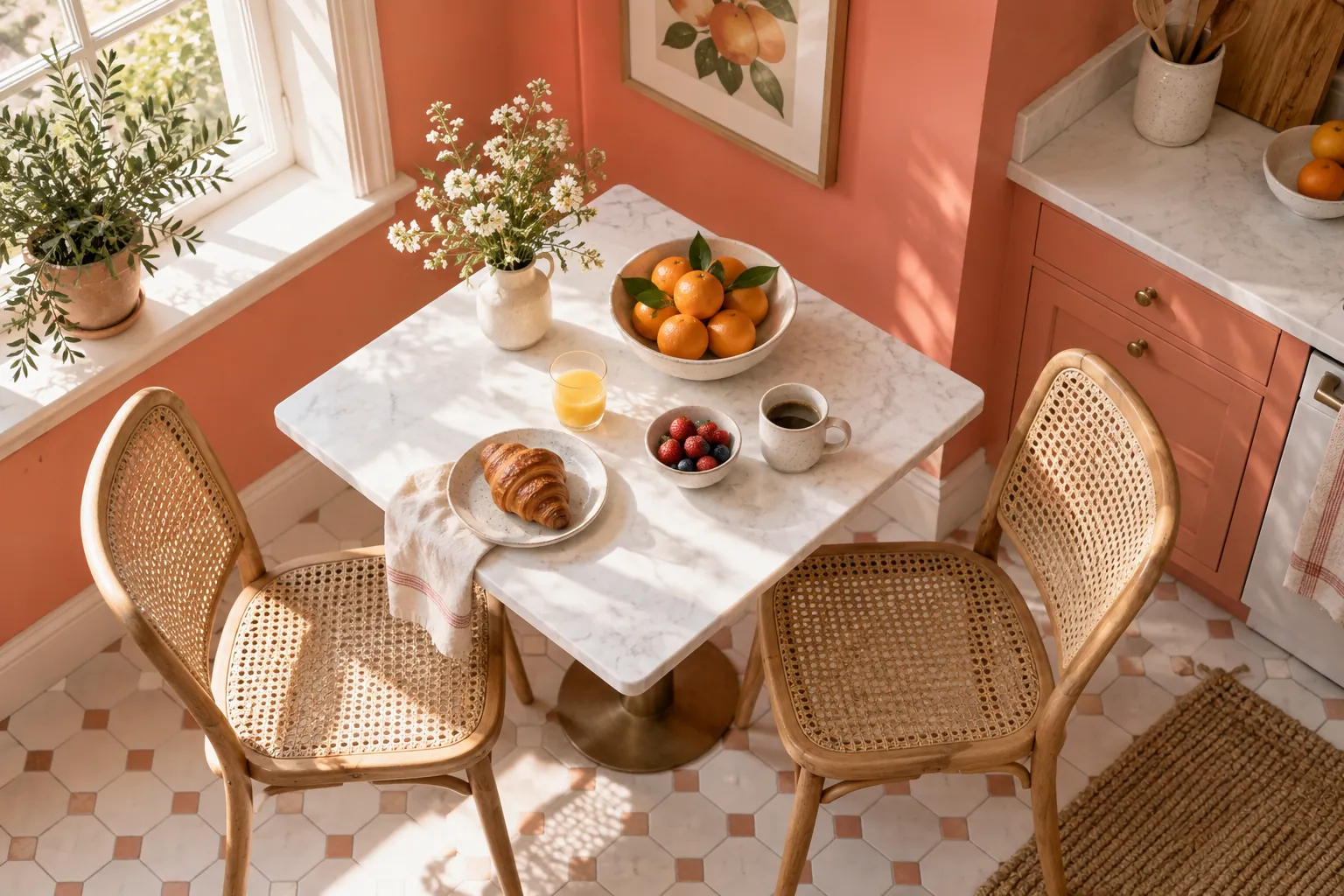 Coral breakfast nook with two woven chairs and marble-topped table