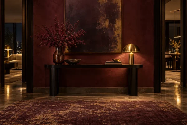 Dark console and brass lamp in a burgundy entrance hall at night