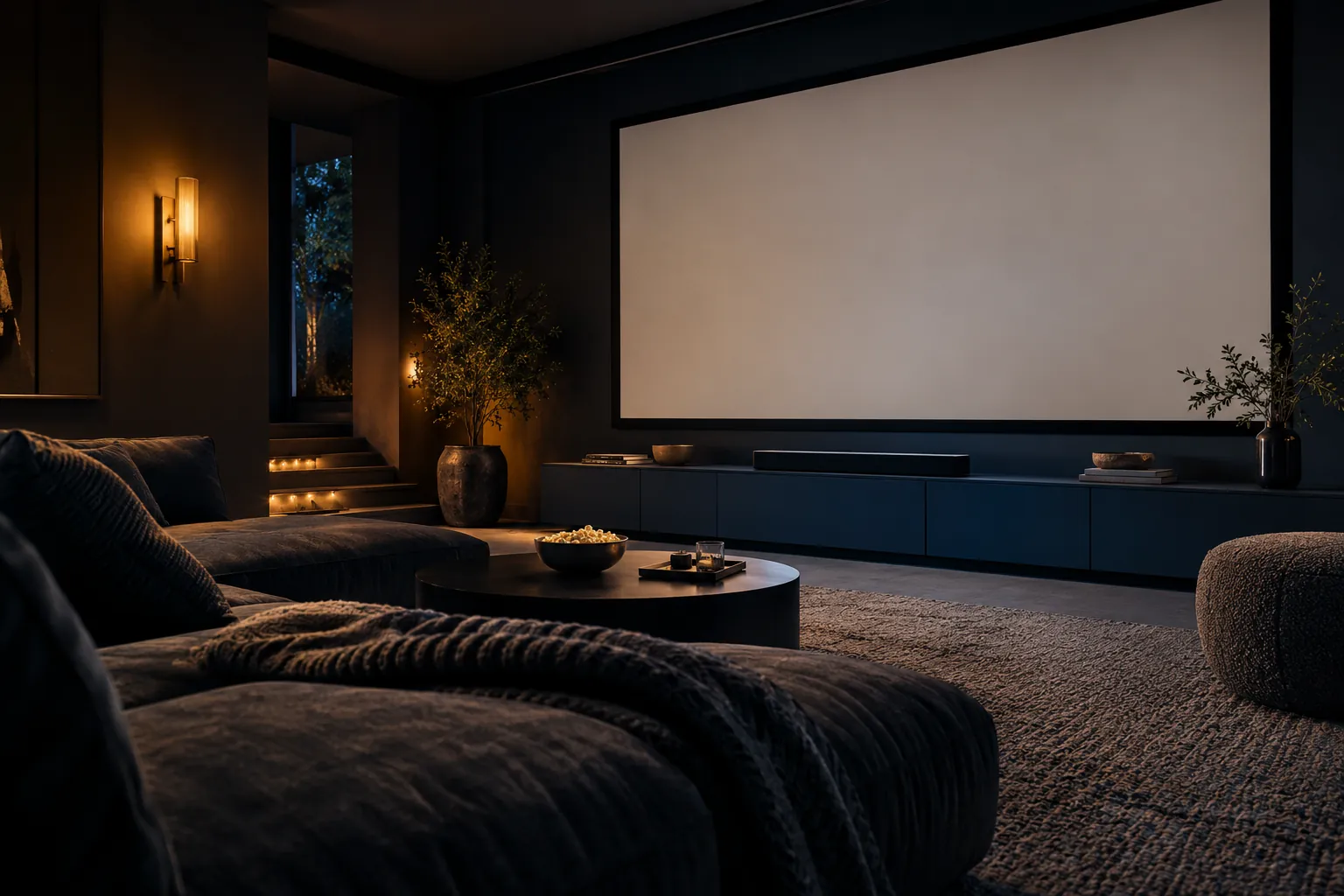 Dark home cinema with a blank projection screen, low media console and warm accent lights.