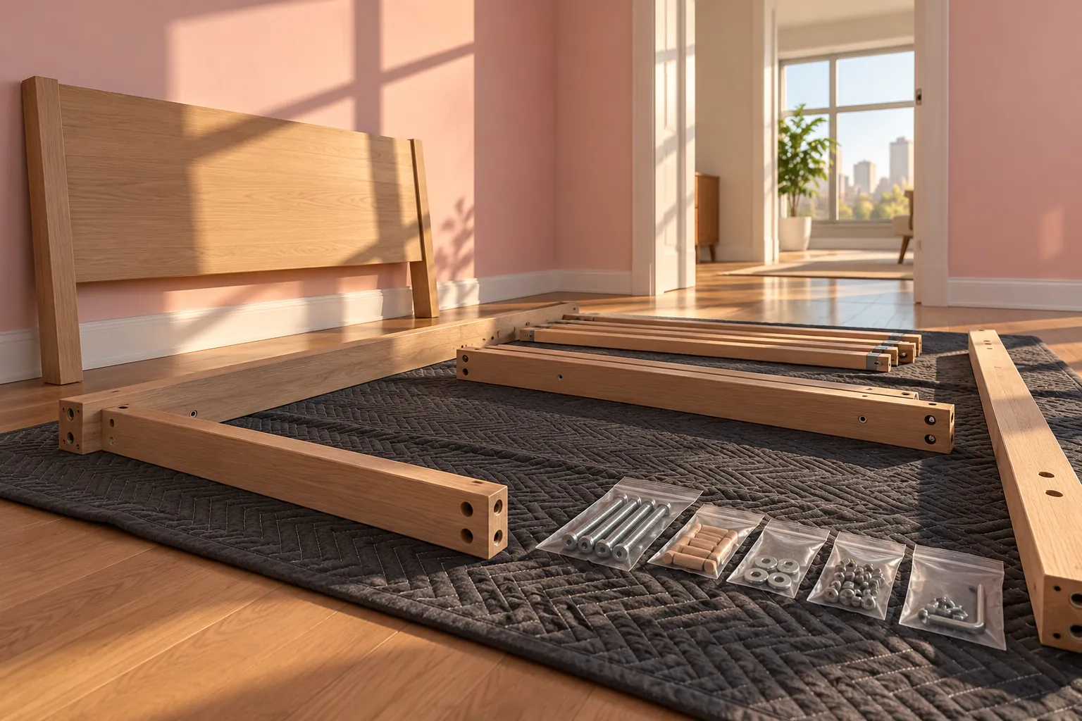 Disassembled bed rails and sorted hardware at a sunlit pink doorway