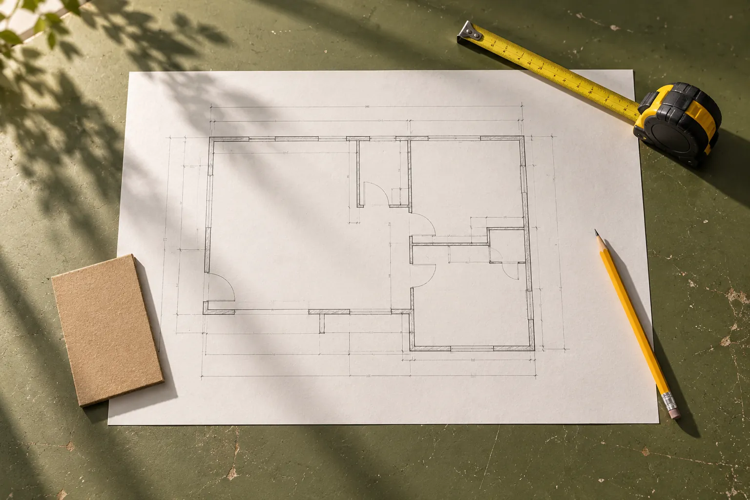 Floor-plan sketch and measuring tools on an olive workbench