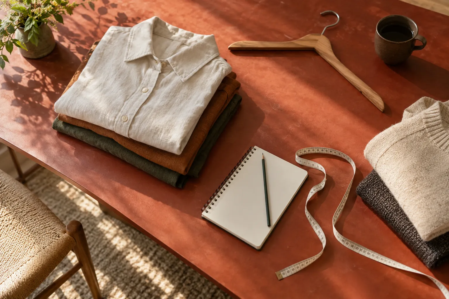 Folded garments and a hanger arranged for a storage inventory