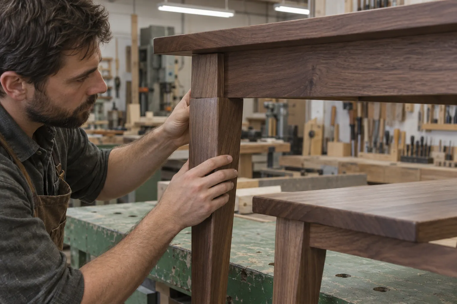 Furniture maker inspecting a dark timber seating frame in a workshop.