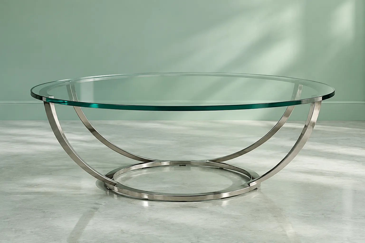 Glass coffee table with curved metal frame in a mint studio