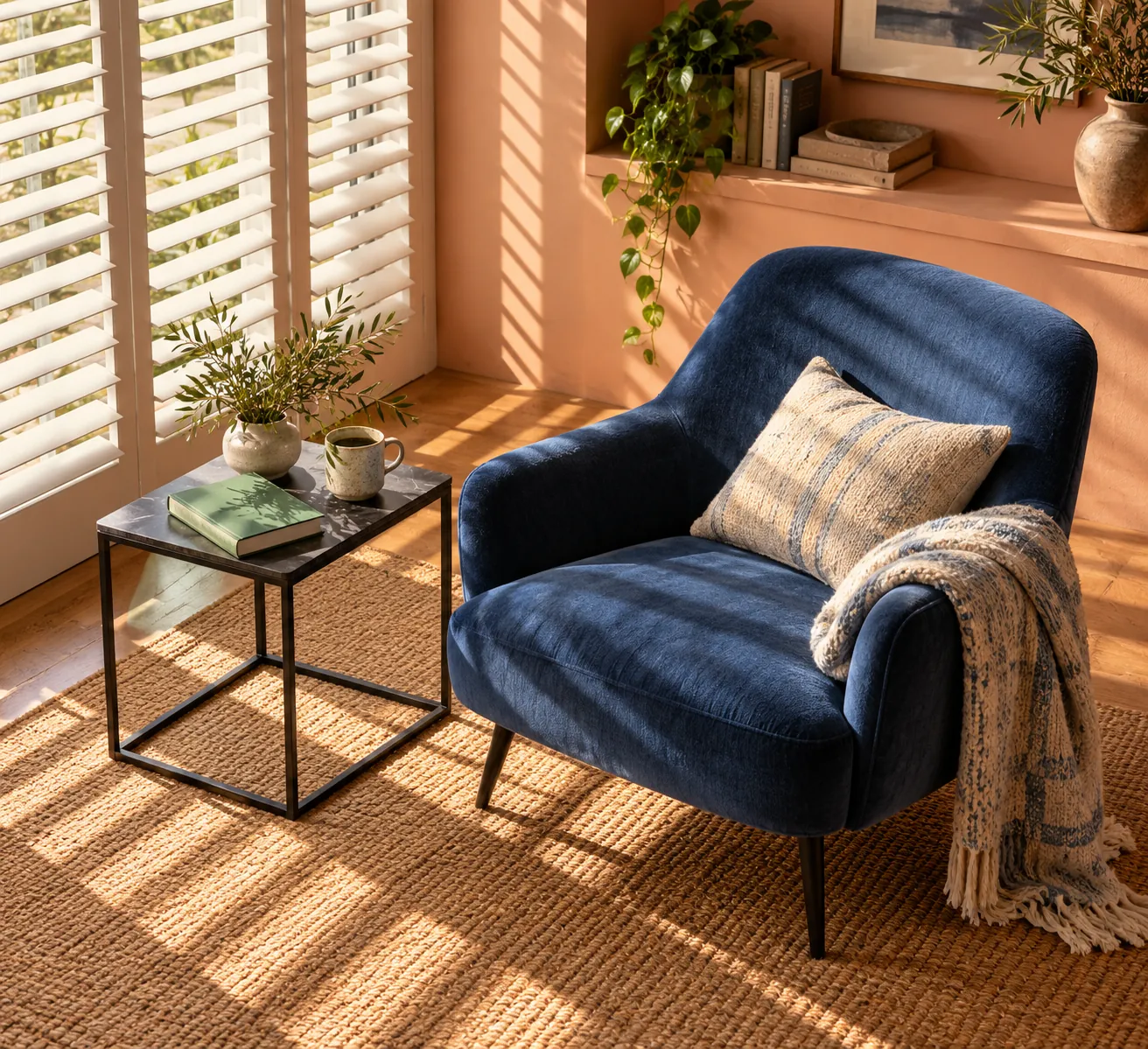 Glass-topped metal side table beside a blue chair in striped sunlight
