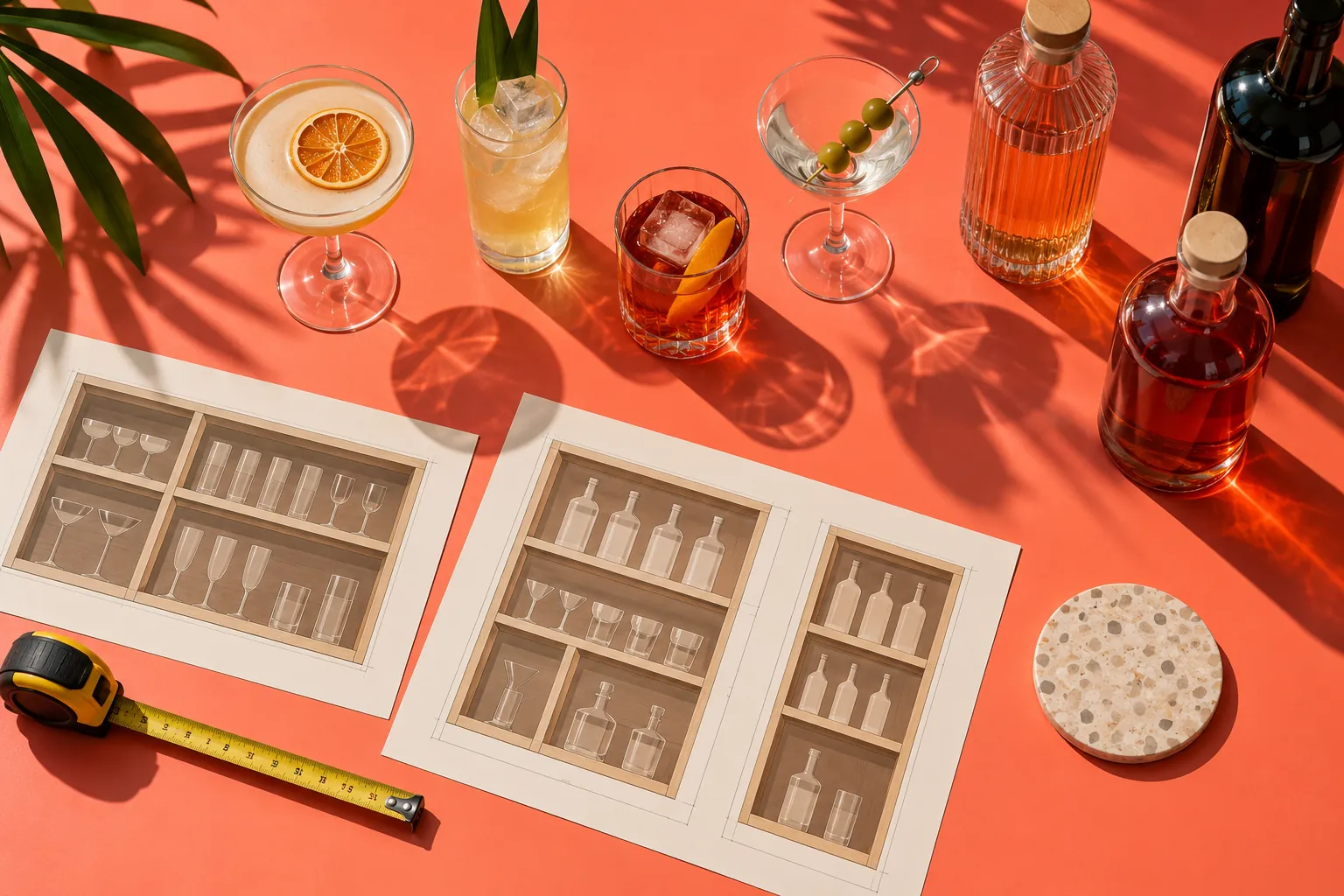 Glassware, bottle templates and measurements on a coral planning surface