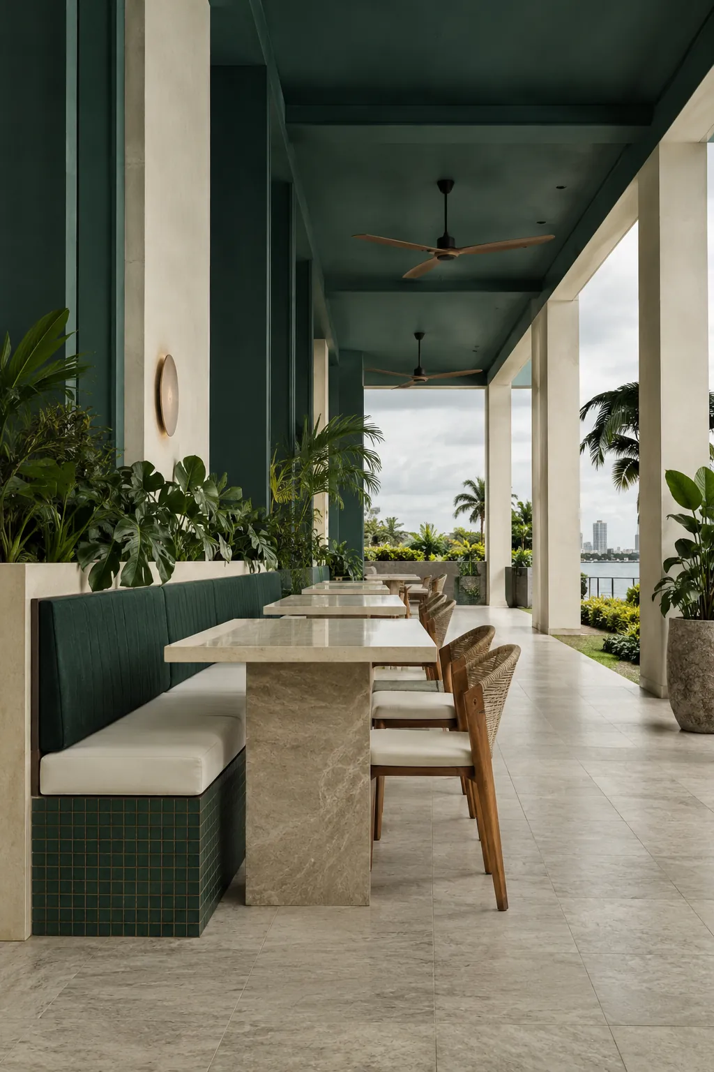 Green banquette and pale tables in a shaded dining terrace.
