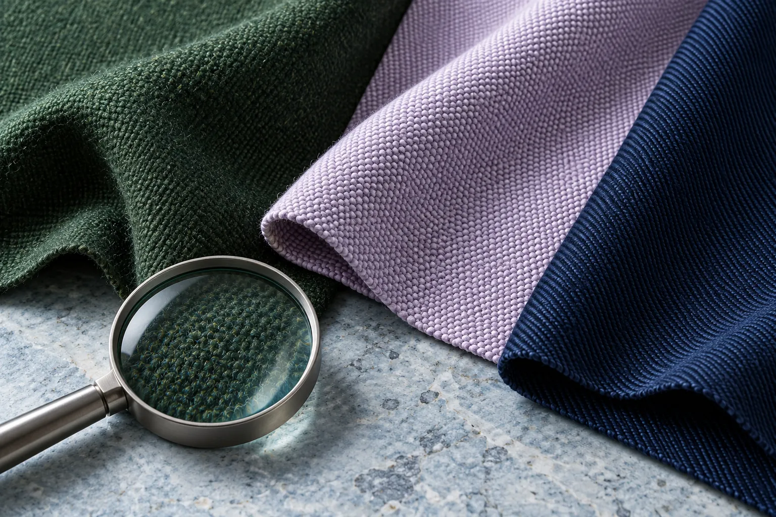 Green, lilac and navy upholstery swatches beside a magnifying glass