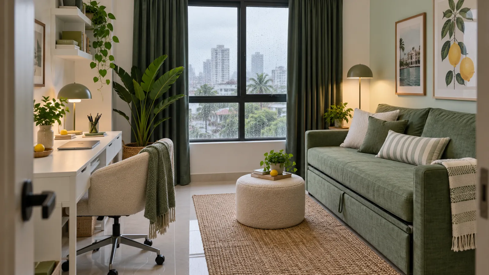 Green sofa bed in a bright dual-purpose Lagos home office