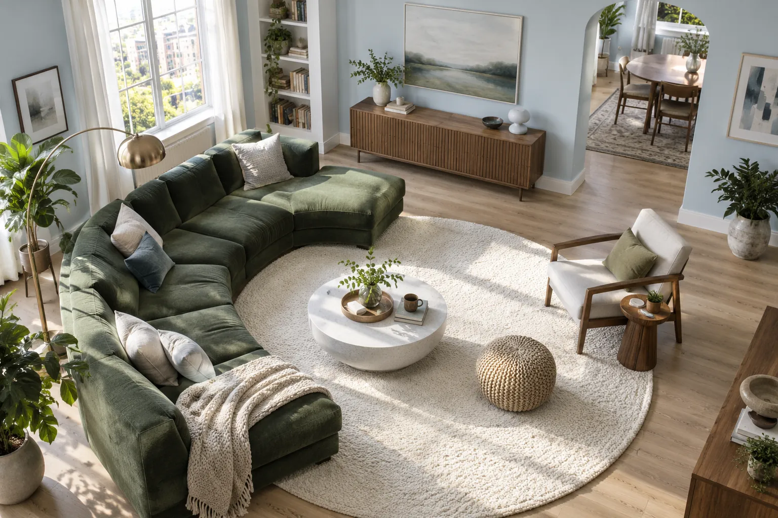 High-angle view of green sectional, round table and open living room