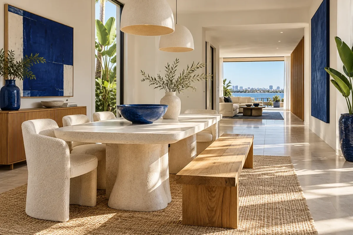 Illustrative bright Lagos dining room with an oak bench and blue accents