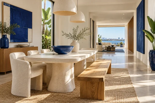 Illustrative bright Lagos dining room with an oak bench and blue accents