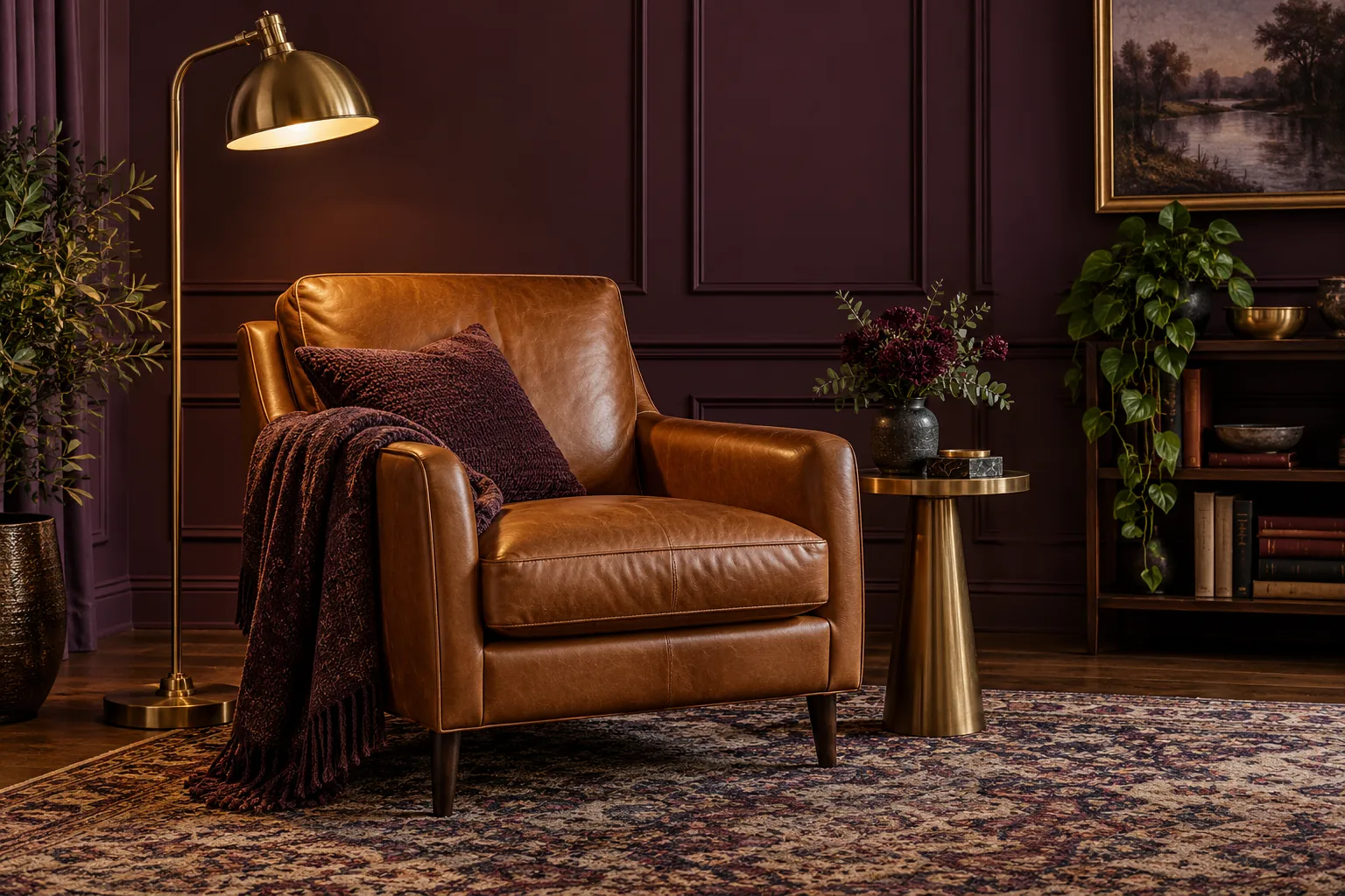 Illustrative caramel leather chair and brass floor lamp in an aubergine room
