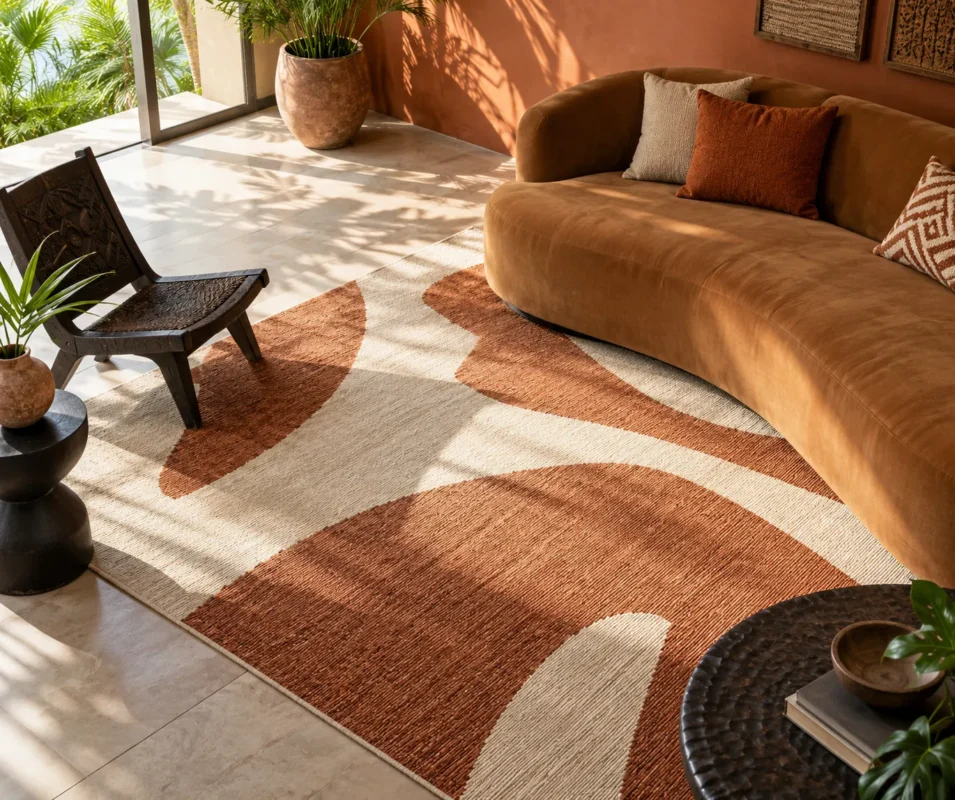Illustrative caramel sofa and abstract rust-and-cream rug in a sunlit lounge