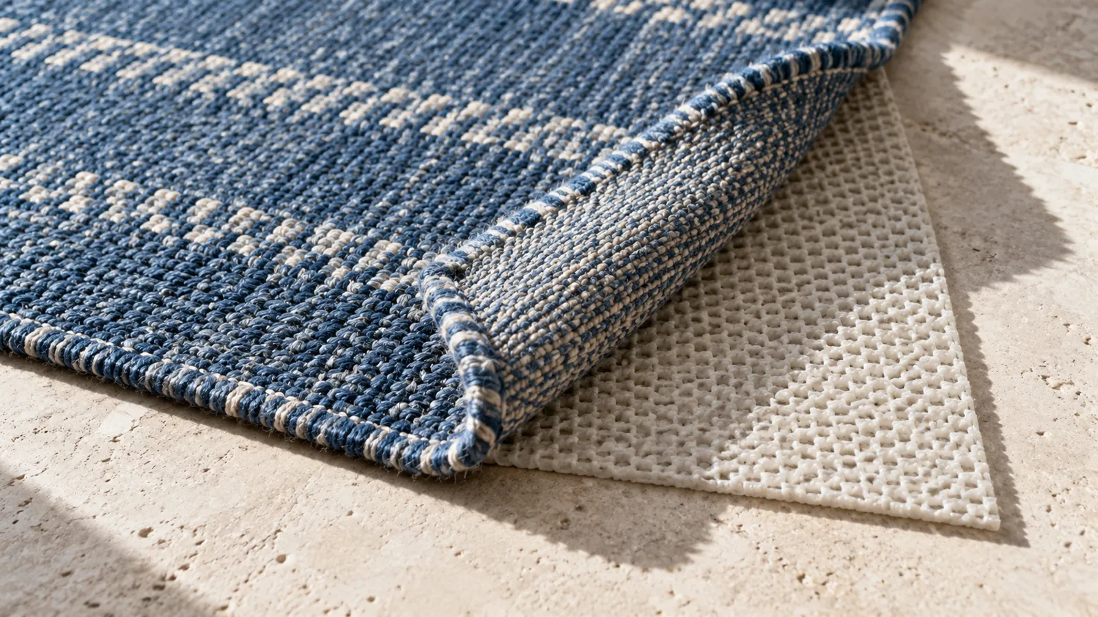 Illustrative close-up of woven rug corner and separate underlay