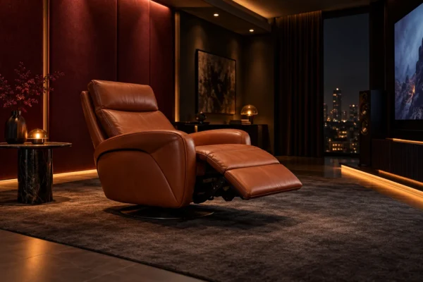 Illustrative cognac recliner in a dark burgundy Lagos cinema room