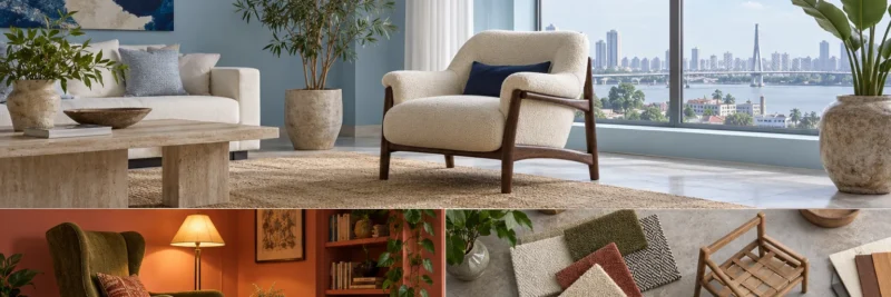 Illustrative cream armchair with dark timber frame in an airy pale blue lounge