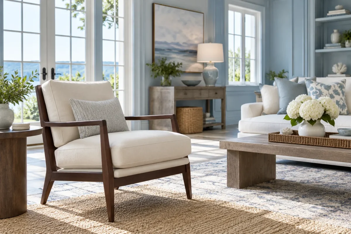 Illustrative cream armchair with dark timber frame in an airy pale blue lounge