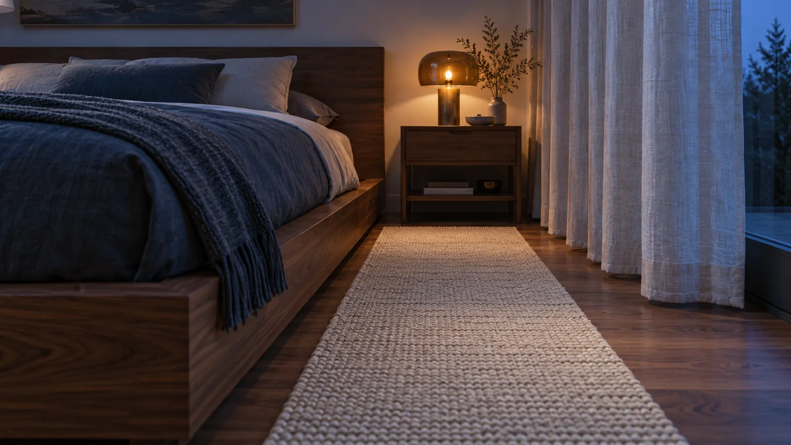 Illustrative cream bedside runner in a cool evening bedroom