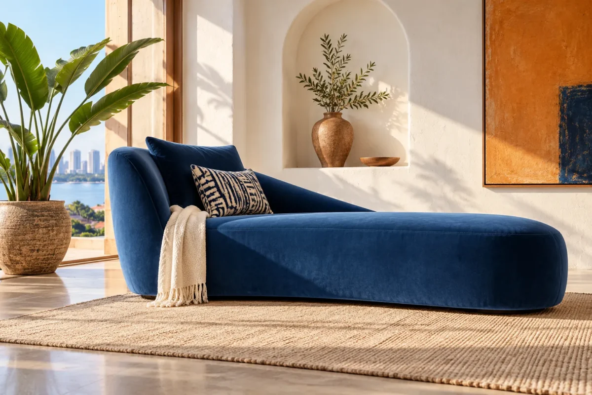 Illustrative deep-blue chaise longue in an airy apricot Lagos sitting room