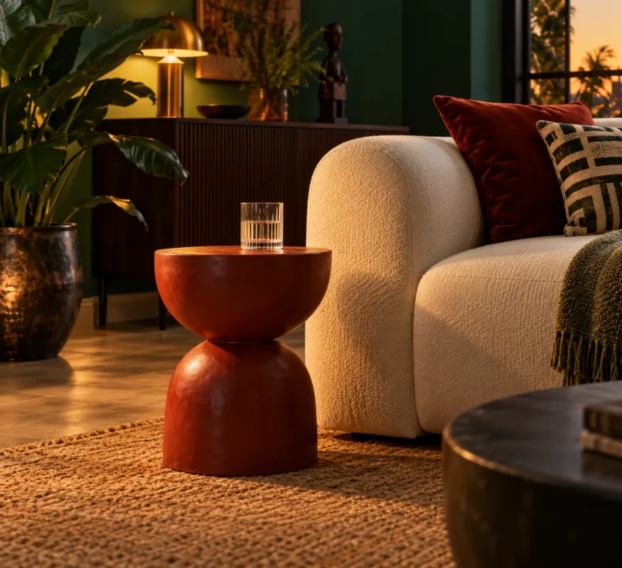 Illustrative emerald living room with a rust-red side table beside a cream armchair