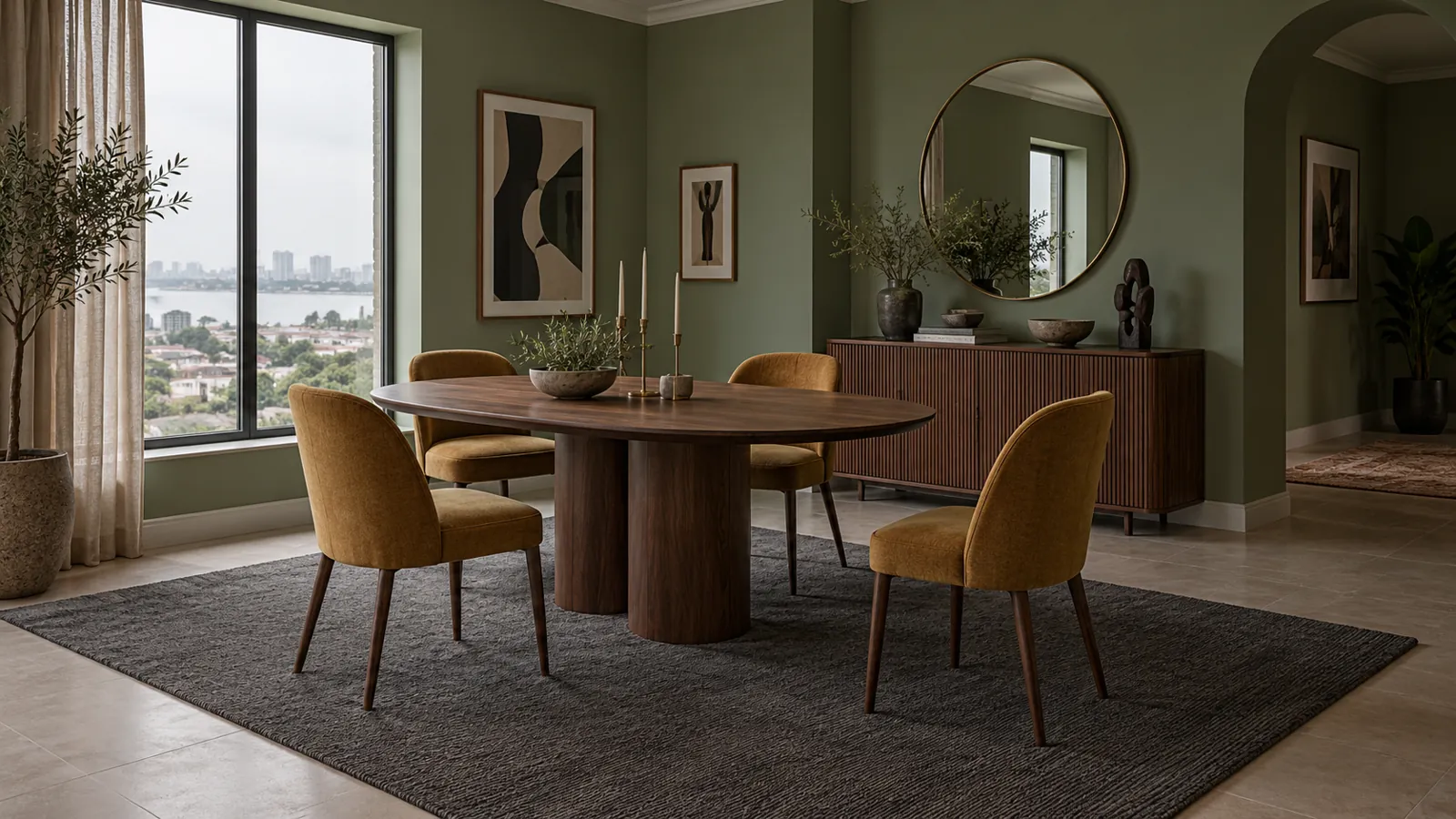 Illustrative olive dining room with mustard chairs on a dark rug