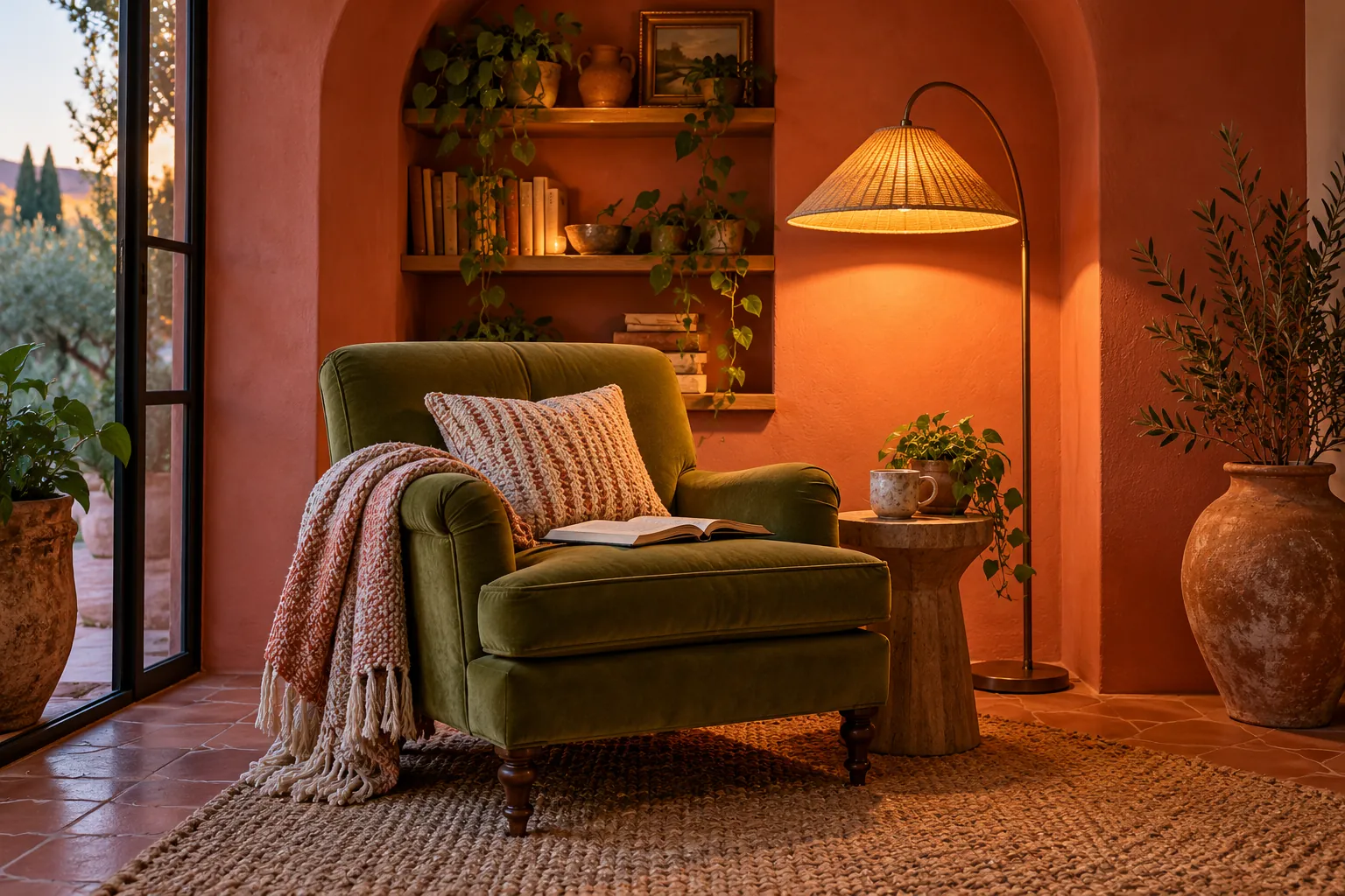 Illustrative olive reading chair and book in a coral alcove under warm lamplight