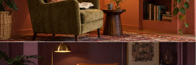 Illustrative olive reading chair and book in a coral alcove under warm lamplight