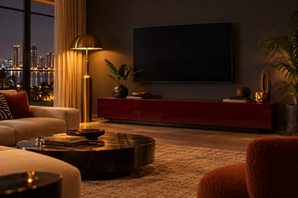 Illustrative oxblood media console in an amber-lit charcoal lounge