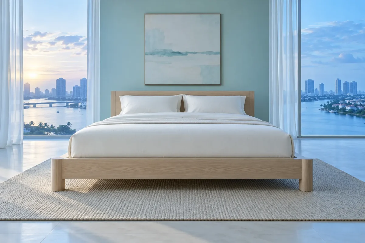 Illustrative pale oak bed in a cool blue Lagos bedroom at dawn