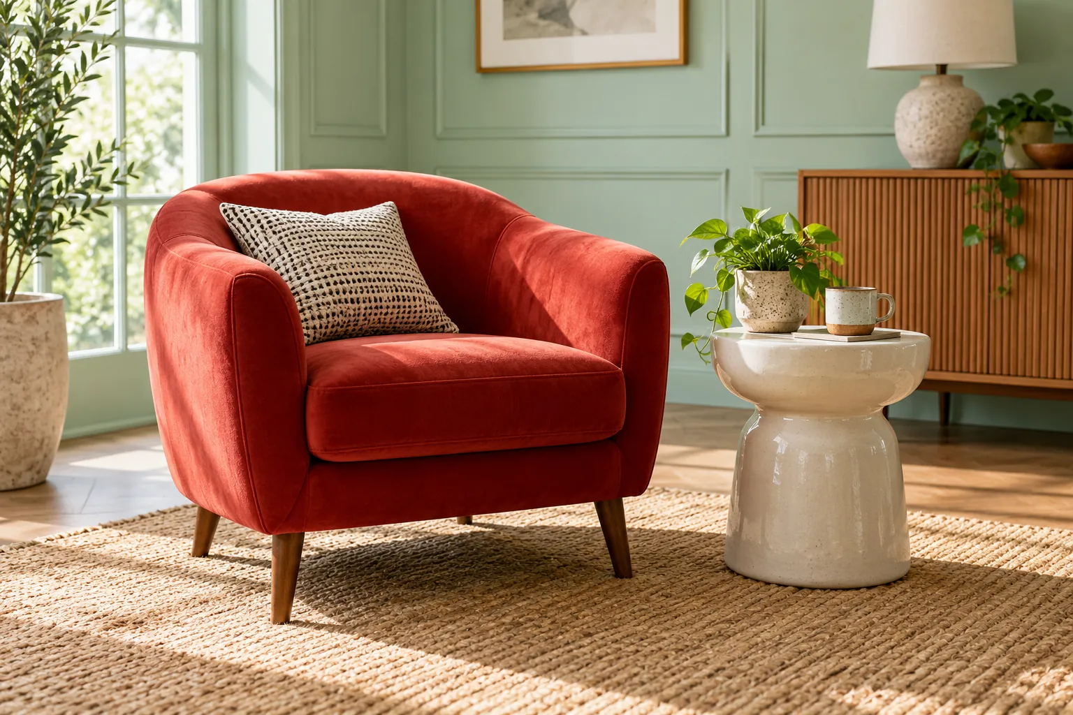 Illustrative red compact armchair beside a ceramic table in a mint lounge