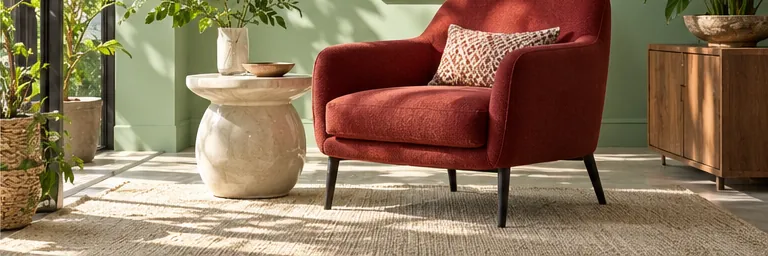 Illustrative red compact armchair beside a ceramic table in a mint lounge